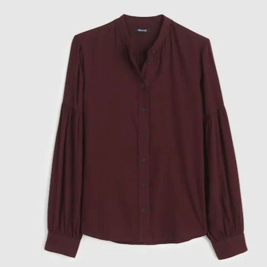 Madewell Women Xs Brown Button Front Flannel Shirt Band Collar Pleated Sleeve